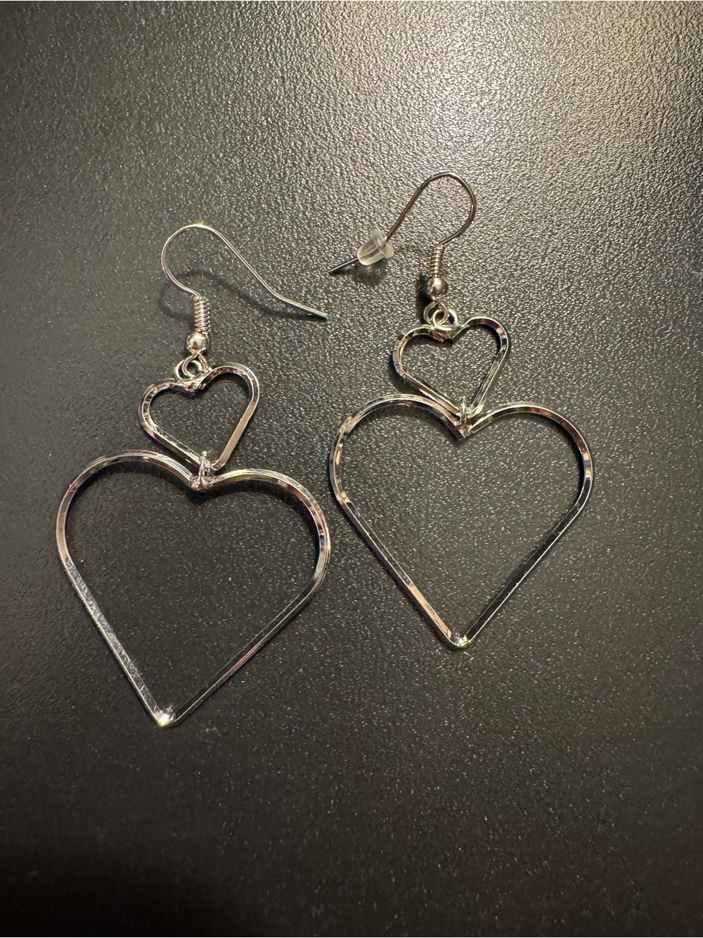 Oversized Double Open Heart Earrings Silver Tone Shiny Dangles 2.5”